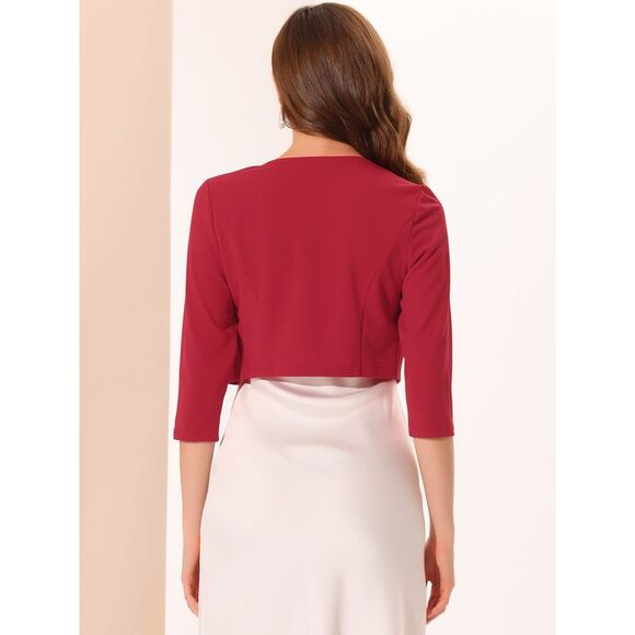 3/4 Sleeve Shrug Top Collarless Pleated Open Front Cropped Cardigan Red - Picture 3 of 6